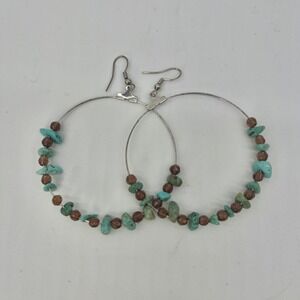Vtg Turquoise & Brown Beaded Hoop Dangle Earrings Silver Boho Southwestern NOS‎